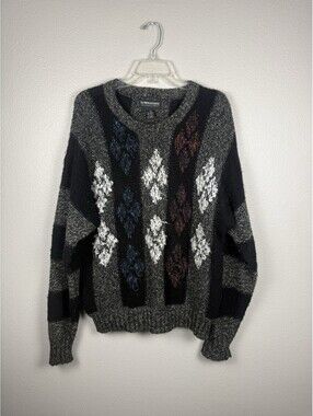 Vintage Expressions Int. Wool Blend Sz L Textured Knit Grandpa Sweater Gray 90s